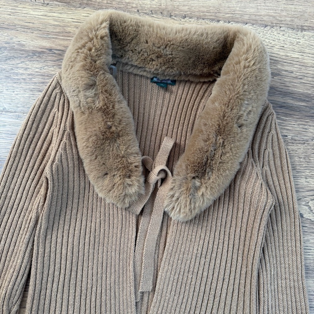 Wild Fable Ribbed Knit Faux Fur Collar Cardigan Sweater Top Brown Size XS EUC - Picture 3 of 3